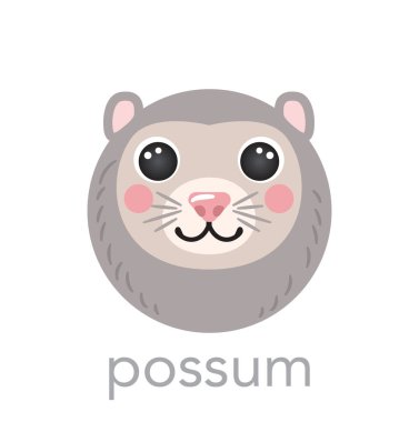 Possum Şirin portresi isim ile gülen kafa çizgi filmi yuvarlak hayvan yüzü, izole vektör avatar karakter düz