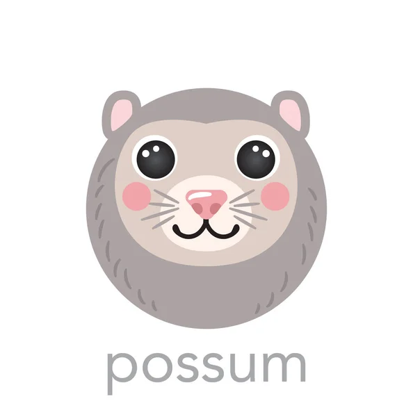 Possum Cute portrait with name text laughing head round shape animal face, isolated vector avatar character flat — 스톡 벡터