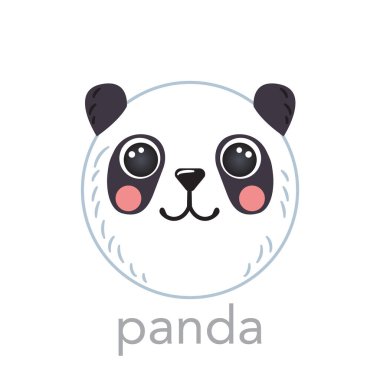 Panda sevimli portresi, ismi yazılı gülen kafa karikatürü, yuvarlak şekilli hayvan yüzü, izole vektör ikonu çizimleri.