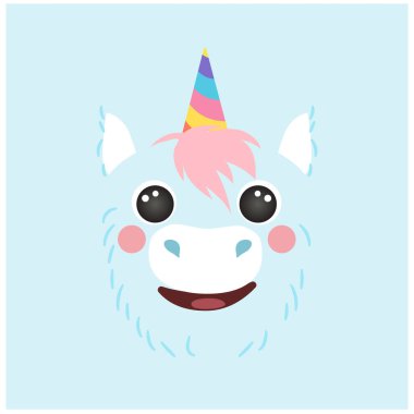 Şirin tek boynuzlu at mavi portresi gülen kafa karikatürü yuvarlak hayvan yüzü, izole edilmiş avatar sihirli vektör ikonu düz