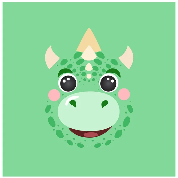 Cute dragon portrait square smiley head cartoon round shape dinosaur green animal face isolated vector icon illustration — Stock Vector