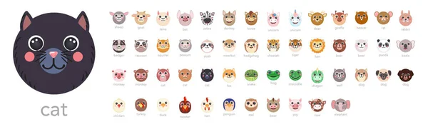 Conjunto de animais redondos Retratos bonitos com nomes desenho animado ilustração plana vetor gato, cão, lama, unicórnio, tigre, urso coelho — Vetor de Stock