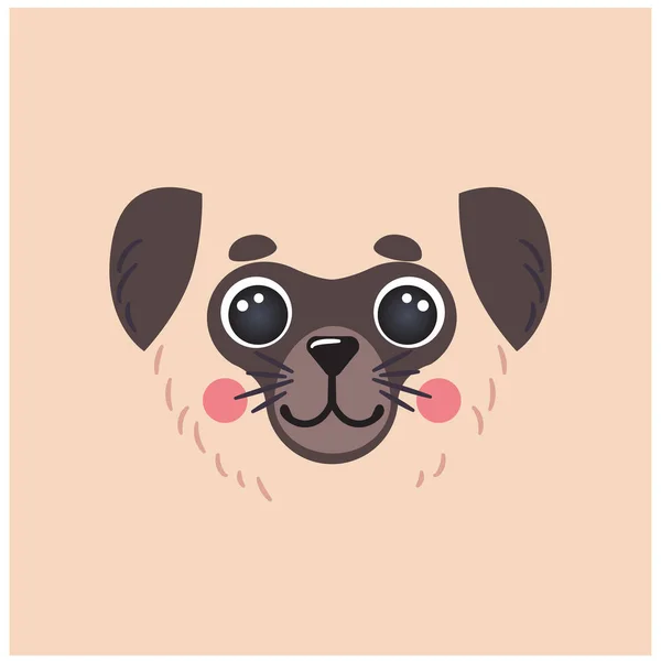 Cão bonito pug retrato quadrado sorridente mascote cabeça desenhos animados forma redonda animal rosto, isolado vetor ícone ilustração — Vetor de Stock