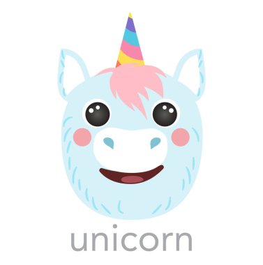 Tek boynuzlu at mavi portresi gülümseyen kafa karikatürü yuvarlak şekilli hayvan yüzü, izole vektör ikonu çizimleri beyaz düz düz