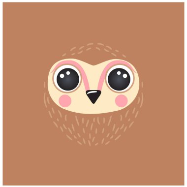 Sevimli baykuş portresi gülen kafa karikatürü yuvarlak şekilli hayvan yüzü, soyutlanmış kuş maskotu avatar çizimi.