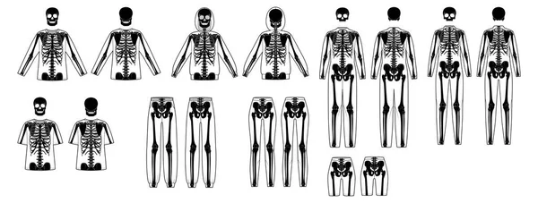 Set Van Skelet Kostuum Menselijke Botten Shirts Broek Voorzijde Achteraanzicht — Stockvector