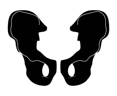 İskelet insan kalça kemiği leğen kemikleri - eller, bacaklar, göğüs kafaları, omurga, leğen kemiği, ön görüş düz siyah konsept anatomi Vektör ilülasyonu beyaz arka planda izole