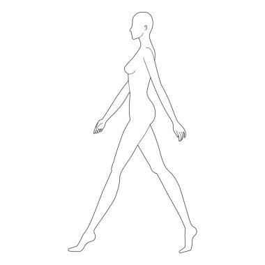 Walking women Fashion template 9 nine head size female for technical clothes drawing. Lady figure side view. Vector isolated outline sketch girl for fashion sketching and illustration.