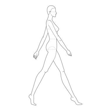 Walking women Fashion template 9 nine head size female with main lines for technical clothes drawing. Lady figures side view. Vector isolated outline sketch girl for fashion sketching and illustration