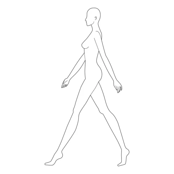 Walking Women Fashion Template Nine Head Size Female Technical Clothes — Image vectorielle