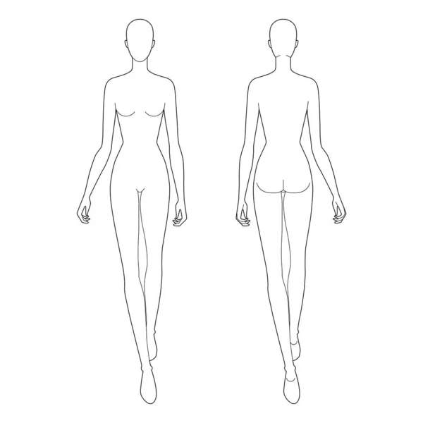 Walking Women Fashion Template Nine Head Size Female Technical Clothes — ストックベクタ