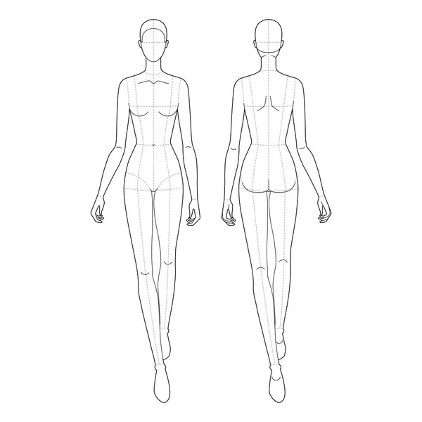 Walking Women Fashion Template Nine Head Size Female Main Lines —  Vetores de Stock