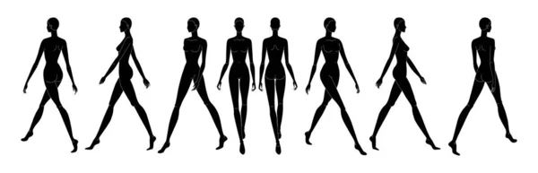 Σύνολο Silhouette Περπάτημα Γυναίκες Fashion Template Εννέα Μέγεθος Κεφαλής Θηλυκό — Διανυσματικό Αρχείο