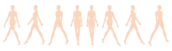 Set Walking Women Nude Fashion Template Nine Head Size Female — Archivo Imágenes Vectoriales
