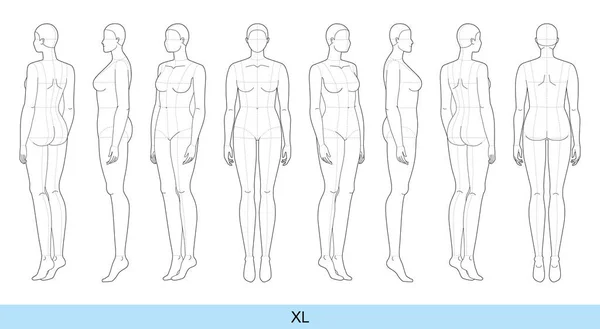 Set Women Fashion Template Nine Head Size Croquis Size Lady — Image vectorielle
