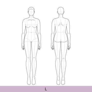 L size Women Fashion template 9 nine head oversize with main lines Lady model Curvy body figure front, back view. Vector outline sketch girl for Fashion Design, Illustration, technical drawing