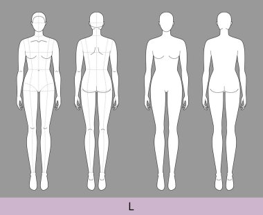 Set of L Women Fashion template 9 nine head size with and without main lines Lady model Curvy body figure front, back view. Vector outline sketch girl Fashion Design, Illustration, technical drawing