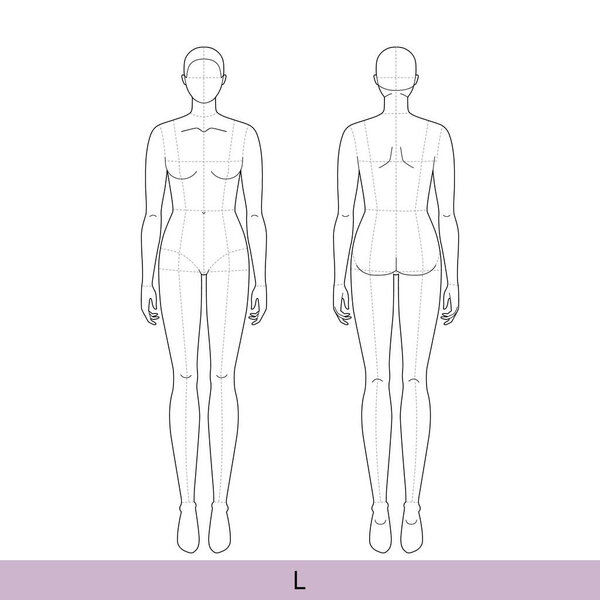 L size Women Fashion template 9 nine head oversize with main lines Lady model Curvy body figure front, back view. Vector outline sketch girl for Fashion Design, Illustration, technical drawing