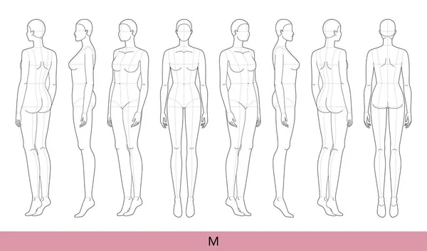 Set Size Women Fashion Template Nine Head Croquis Lady Main — ストックベクタ