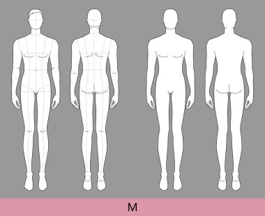 Set of M Size Men Fashion template 9 nine head size medium Croquis with and without main lines Gentlemen model skinny body figure front back view. Vector isolated sketch outline boy for Fashion Design