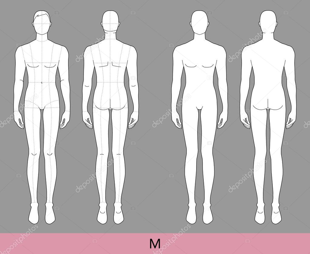 Set of M Size Men Fashion template 9 nine head size medium Croquis with and without main lines Gentlemen model skinny body figure front back view. Vector isolated sketch outline boy for Fashion Design