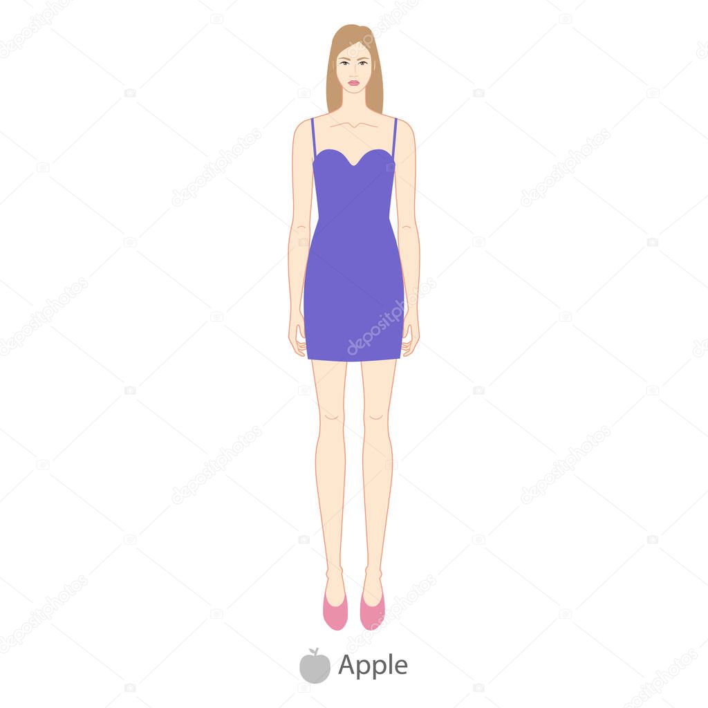 Woman apple body shape character in dress. Female Vector illustration silhouette 9 nine head size lady figure front view. Vector isolated outline sketch girl for fashion sketching and illustration.