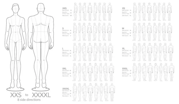 Набір Чоловіків Xxs Xxl Xxxl Xxxxl Розмір Модний Шаблон Розмірів — стоковий вектор