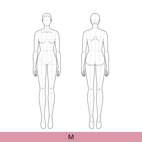 M尺码的女装模版9 九头Croquis女士模特 主线细长体形后视镜 用于时装设计 技术制图的矢量隔离草图女孩 — 图库矢量图片