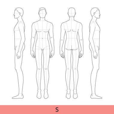 S beden Men Fashion 'ın 9 baş büyüklüğünde ana hatları küçük boy Croquis modelleri önden, yandan ve arkadan görünüşü zayıf. Moda Tasarımı ve İllüstrasyon için vektör taslak çocuğu