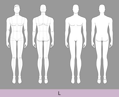 L Boyutu Erkekler Moda seti, ana hatları Croquis beyler ön ve arka görüntüsü ile birlikte ve olmadan büyük 9 baş büyüklüğünde şablon çizer. Vektör, taslak çizimi için taslak çocuk, teknik çizim.