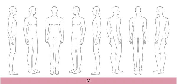 Комплект Размер Мужская Мода Шаблон Голова Средний Croquis Джентльмены Модели — стоковый вектор