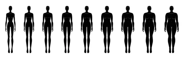 一套轮廓女性时装模板9 9身材身材 时装设计 技术制图的矢量轮廓女生 — 图库矢量图片