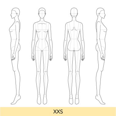XXS beden Kadın Moda Şablonu 9 kafa büyüklüğünde, Croquis Lady model, ön, yan, 3-4, arka görüşlü zayıf vücut figürü. Vektör, robot resim çizimi için kızı izole etti.