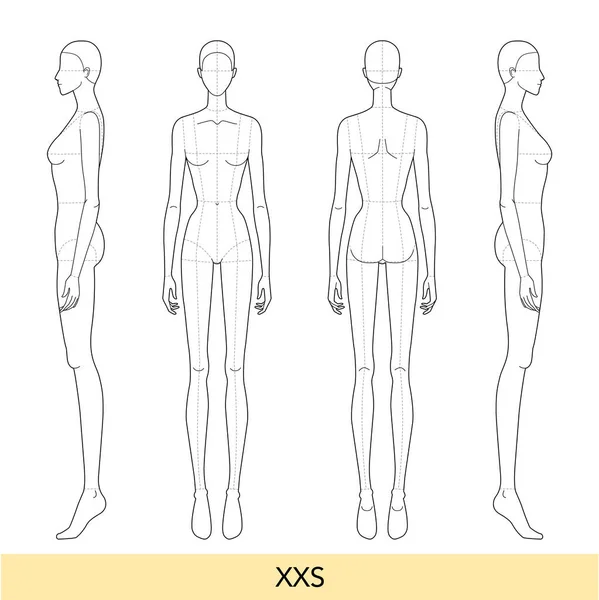 Set Xxs Formato Moda Donna Modello Nove Dimensioni Testa Croquis — Vettoriale Stock