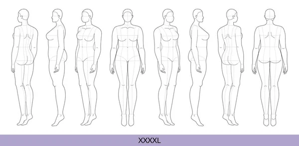 Set Xxxxl Moda Donna Modello Nove Dimensioni Testa Croquis Più — Vettoriale Stock