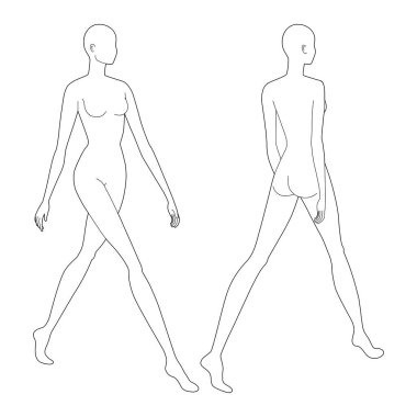 Yürüyen kadınlar dizisi teknik çizimler için 9 baş büyüklüğünde bir kadın modeli çiziyor. Öndeki 3-4 ve arkadaki bayan figürleri. Moda çizimi ve illüstrasyon için vektör çizimi kızı.