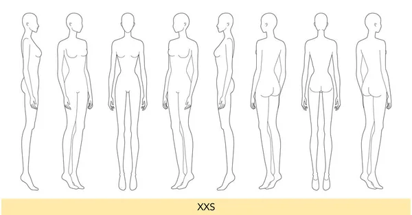 Set Xxs Dimensiune Femei Moda Șablon Nouă Cap Dimensiune Croquis — Vector de stoc