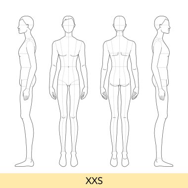 XXS boyutunda Men Fashion şablonu 9 baş ekstra küçük boy Croquis ana hat modeli sıska vücut figürü önde, yanda, arkada. Moda Tasarımı için vektör çizimi, teknik çizim