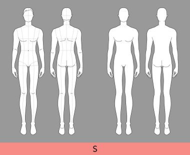 S bedenli Men Fashion 'ın 9 baş şablonu ana hatlı ve ana hatsız beyler ön, yan, 3-4, arka görüş. İllüstrasyon için vektör çizim çocuğu, teknik çizim.