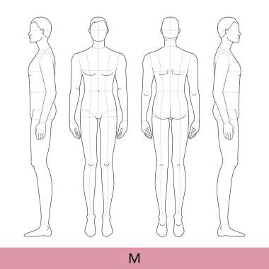 9 başlı orta boy M-Boyutlu Erkekler Moda Şablonu ana hat modeli sıska vücut figürlü ön, yan, arka görüş. Vektör, Moda Tasarımı için taslak çizimi yapan çocuk, teknik çizim.