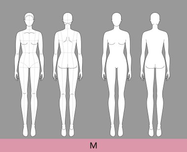 M beden Kadın Moda Şablonu: 9 baş Croquis Lady. Ana hatlı ve hatları olmayan zayıf vücut figürlü ön görüş. Vektör, Moda Tasarımı ve Çizimi için taslak kızı izole etti