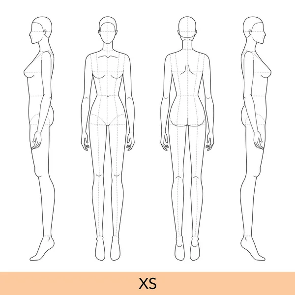 XS beden Kadın Moda Şablonu 9 kafalı, ana hatları önde, yanda, arkada görünen zayıf vücutlu Croquis Lady modeli. Moda Tasarımı için izole edilmiş kız, teknik çizim