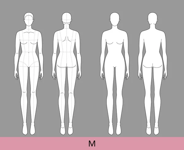 Size Women Fashion Template Nove Cabeça Croquis Lady Com Sem —  Vetores de Stock