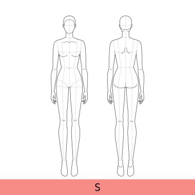 S Boy Kadın Moda Şablonu 9 başlı, Croquis Lady model, ana hatlı, ön, yan, 3-4, arka görüşlü zayıf vücut. Vektör, Moda Tasarımı ve Çizimi için taslak kızı izole etti