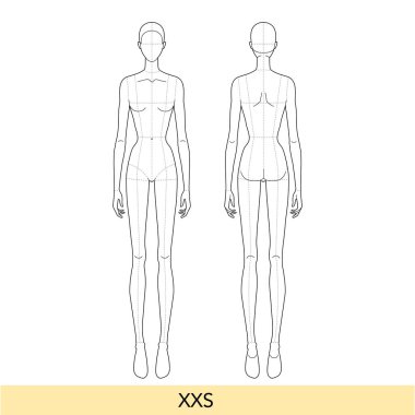 XXS beden Kadın Moda Şablonu 9 kafa büyüklüğünde ana hatlı, sıska vücut figürlü, arka görüşlü Croquis Lady. Vektör, Moda Tasarımı için taslak kızı, teknik çizim