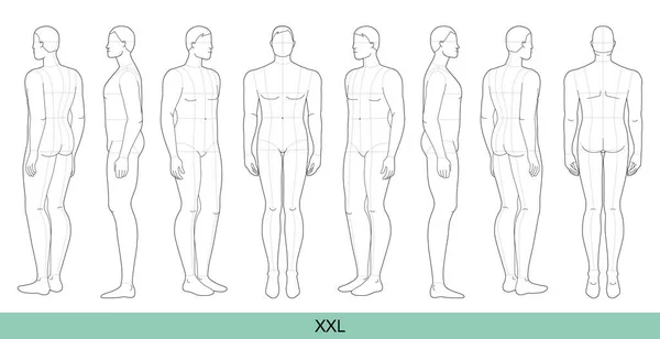 Xxlサイズ男性ファッションテンプレートのセットメインラインと9頭のサイズクロッキー余分な大規模なプラスサイズ男性モデルカービーボディフィギュアフロント サイド バックビュー 技術的な図面のためのベクトル少年 — ストックベクタ