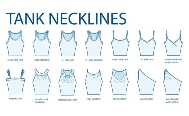 Yaka askılı kıyafetler. Üstler, Cami, tek omuz, kepçe, yarışçı, V yaka, kapüşon, kemer takılı teknik tasvirler. Düz giyim şablonu. Kadın ve erkek unisex CAD modeli