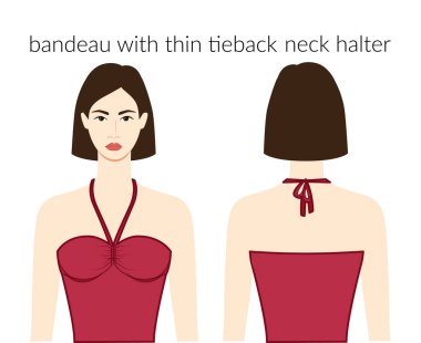 Bandeau, ince dar yakalı, askılı yakalı, karakter bordo bluzlu güzel bayan, teknik moda illüstrasyonlu giyiniyor. Düz giyim şablonu önde, arkada. Kadın ve erkek unisex CAD modeli