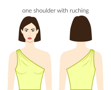 Bir omuz yakalı, yakalı, sarı bluzlu, tişörtlü güzel bir bayan, teknik moda resimli bir vücut. Düz giyim şablonu. Kadın ve erkek unisex CAD modeli
