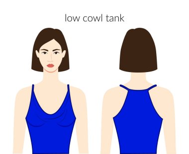 Alçak yakalı kolsuz elbise, mavi bluzlu güzel bayan, gömlek, teknik moda tasviri ve uygun vücut. Düz giyim şablonu önde, arkada. Kadın ve erkek unisex CAD modeli